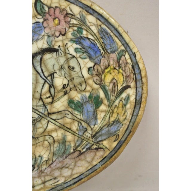 Antique Persian Iznik Qajar Style Ceramic Pottery Blue Oval Horse Rider Tile C3 For Sale - Image 4 of 10