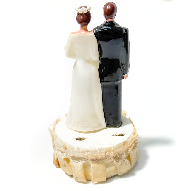 Mid-Century Modern Vintage Mid Century 1950s 1960s Wedding Bride and Groom Figurine Cake Topper With Satin Base For Sale - Image 3 of 3