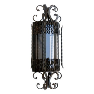 Mid 20th Century Spanish Revival Curly Iron Lantern with Smokey Gray Glass Panels For Sale