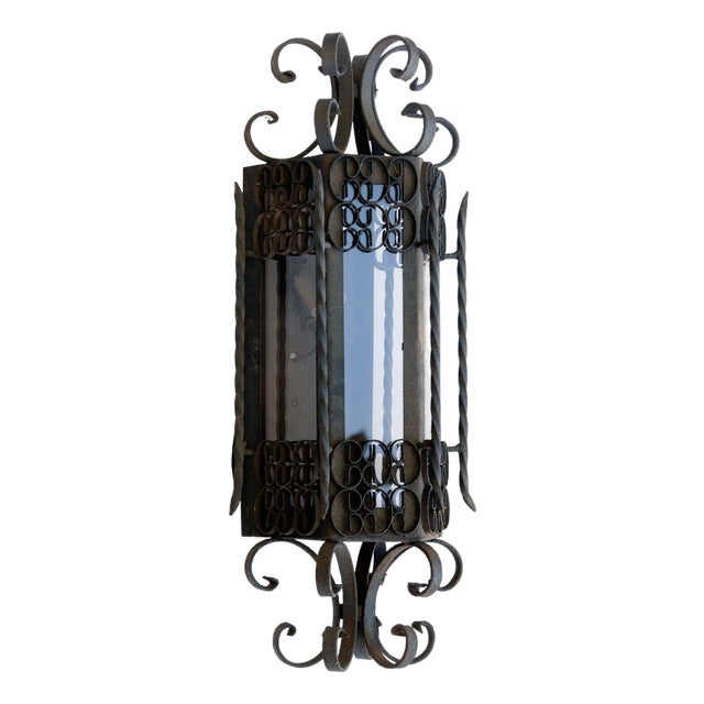 Mid 20th Century Spanish Revival Curly Iron Lantern with Smokey Gray Glass Panels For Sale