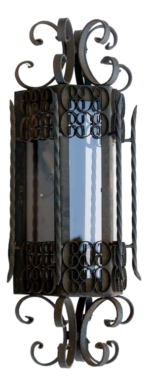 Mid 20th Century Spanish Revival Curly Iron Lantern with Smokey Gray Glass Panels