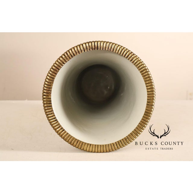 Metal Hand Painted Porcelain Decorative Vase with Gilded Metal Base and Cap For Sale - Image 7 of 17