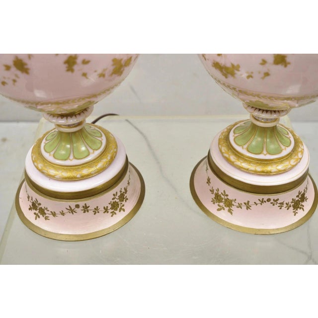 Pink Antique French Louis XV Pink Porcelain Gold Painted Bulbous Table Lamps - A Pair For Sale - Image 8 of 12