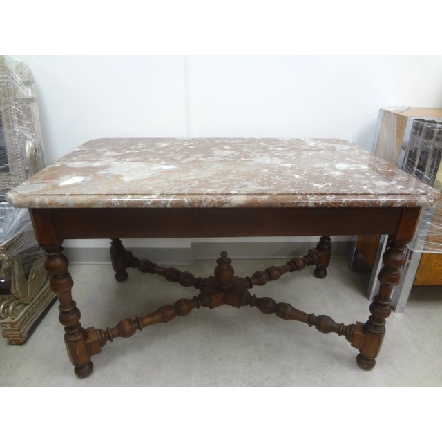 French 19th Century French Louis XIV Style Walnut Center Table With Marble Top For Sale - Image 3 of 12