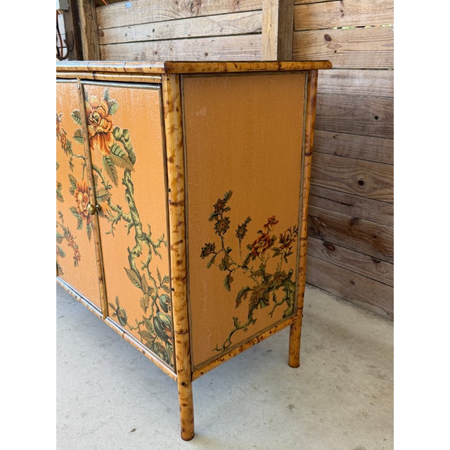 Vintage Coastal Tortoise Bamboo Sideboard Cabinet With Floral Decoupage & Crackle Finish For Sale - Image 10 of 12