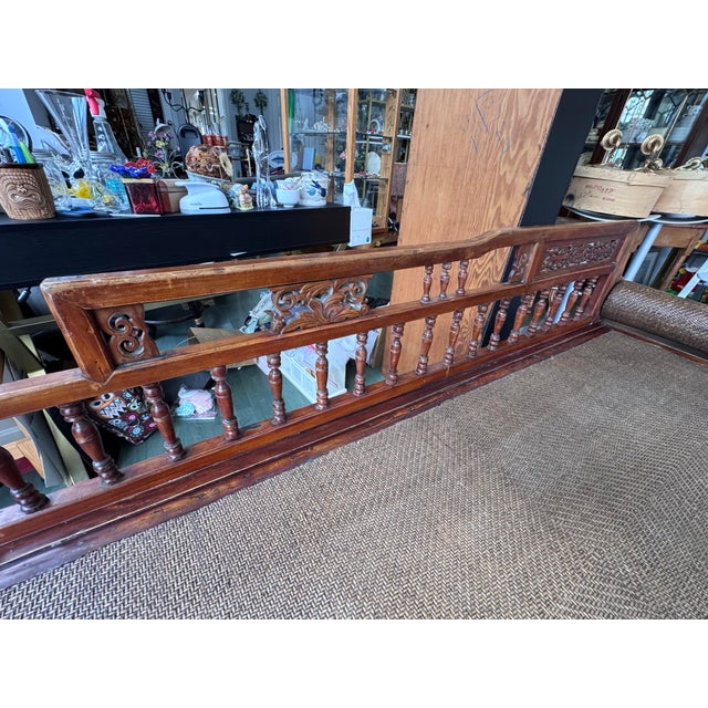 Antique Chinese Elm Daybed With Rattan Seat and Shou Bolster, Late Qing Dynasty For Sale - Image 4 of 12