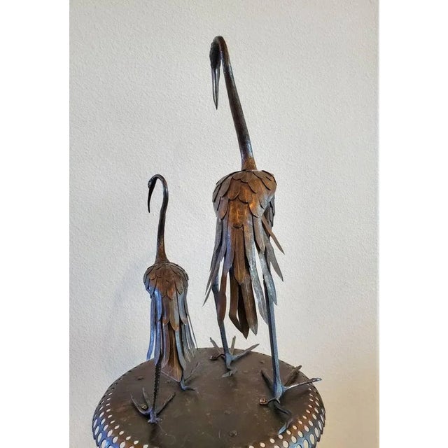 Bronze 1940s French Mid-Century Japanesque Bronze Crane Bird Sculptures on Wrought Iron Pedestal - Zen Garden Statue For Sale - Image 8 of 11