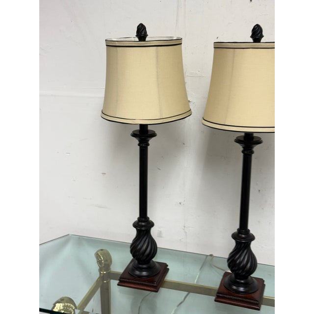 Black Late 20th Century Neoclassical Laurel Column Table Lamps, Pair For Sale - Image 8 of 12