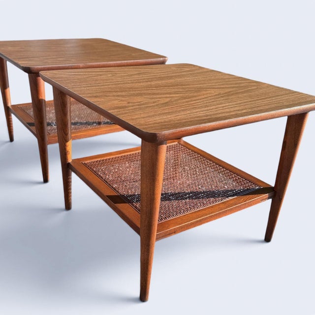 Mid-Century Modern Pair of 1963 Lane Walnut End Tables | Style 1038-18, Formica & Cane For Sale - Image 3 of 11