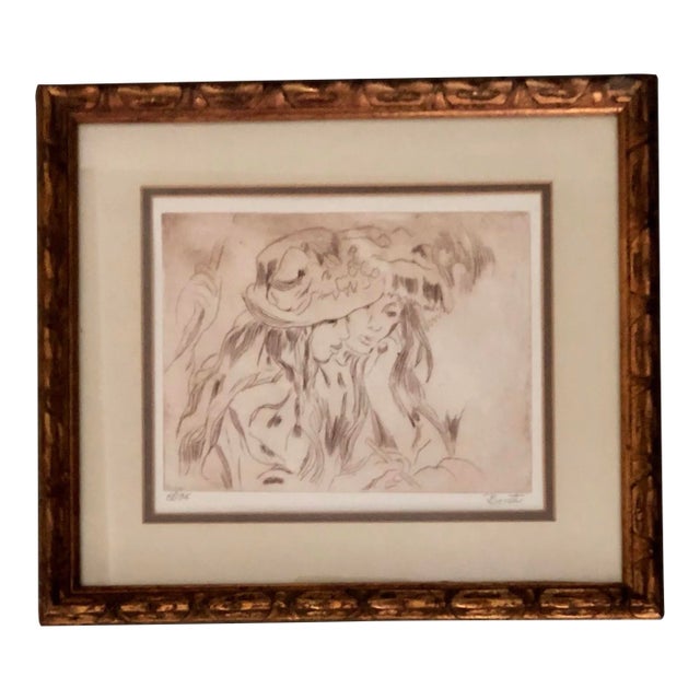 Original Impressionist Etching 2Girls With Bonnets Signed Binet For Sale
