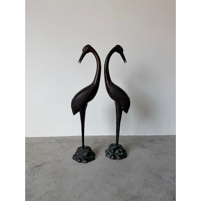 Vintage Bronze Crane / Heron Bird Sculptures – Pair For Sale - Image 4 of 12