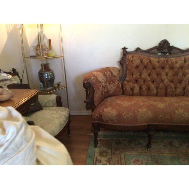 Ornate Antique Victorian - Style Carved Wood Sette and Two Matching Chairs For Sale - Image 10 of 16