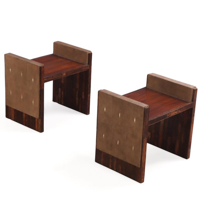 A pair of matching stools custom made by R&Y Augousti in Paris, France. Made of fine materials including signature...