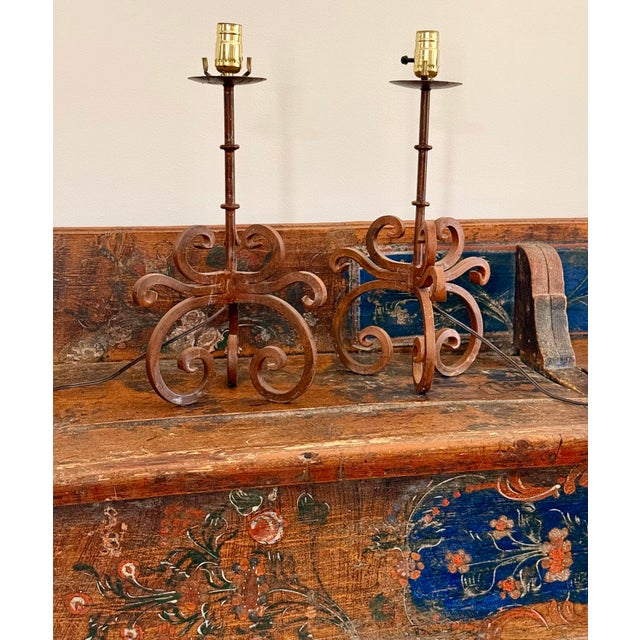 Vintage Rustic Wrought Iron Spanish Revival Style Candle Holders Converted to Table Lamps, Circa 1980s- A Pair For Sale In San Antonio - Image 6 of 12