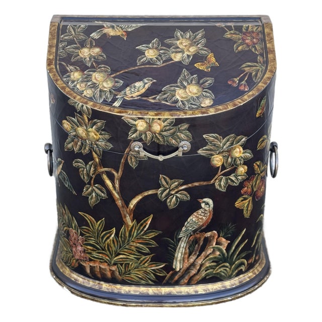 Late 20th Century Chinoiserie Painted Lift-Top Storage Cabinet With Floral and Bird Motif For Sale