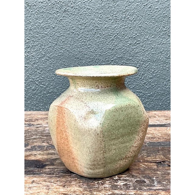 Ceramic Vintage Small Glazed Pottery Vase For Sale - Image 7 of 12