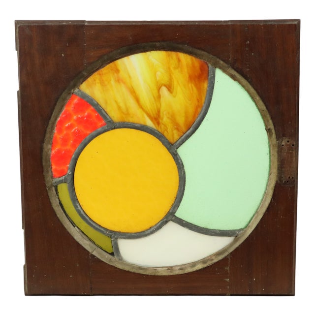 Stained Leaded Glass Panel with Wooden Frame, 1950s For Sale