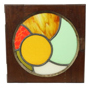 Stained Leaded Glass Panel with Wooden Frame, 1950s