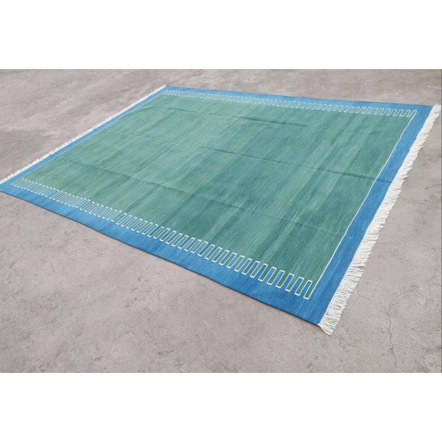 Handmade Green and Blue Geometric Cotton Rug For Sale - Image 9 of 11