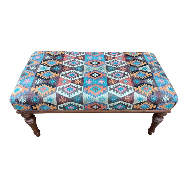 Handmade Aztec Pattern Printed Rug Fabric Upholstered Bench For Sale