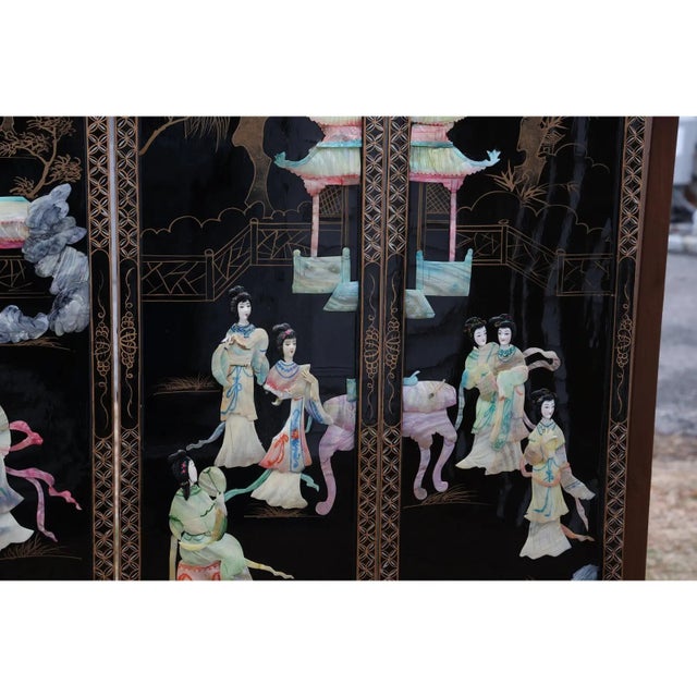 Antique Mid-Century Chinese Black Lacquer Wall Panels: Set of 4 With Raised Hardstone and Mother-of-Pearl Inlay For Sale - Image 15 of 16