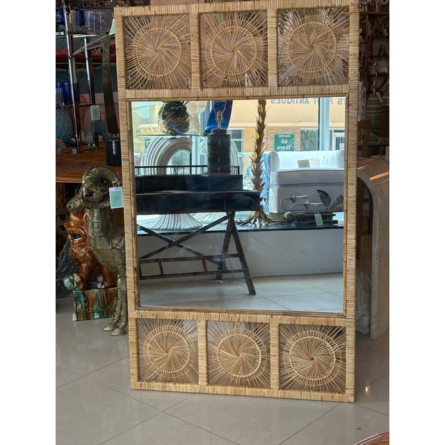 Hollywood Regency Vintage Palm Beach Spun Woven Wicker Rattan Sunburst Starburst Wall Mirror Large For Sale - Image 3 of 11
