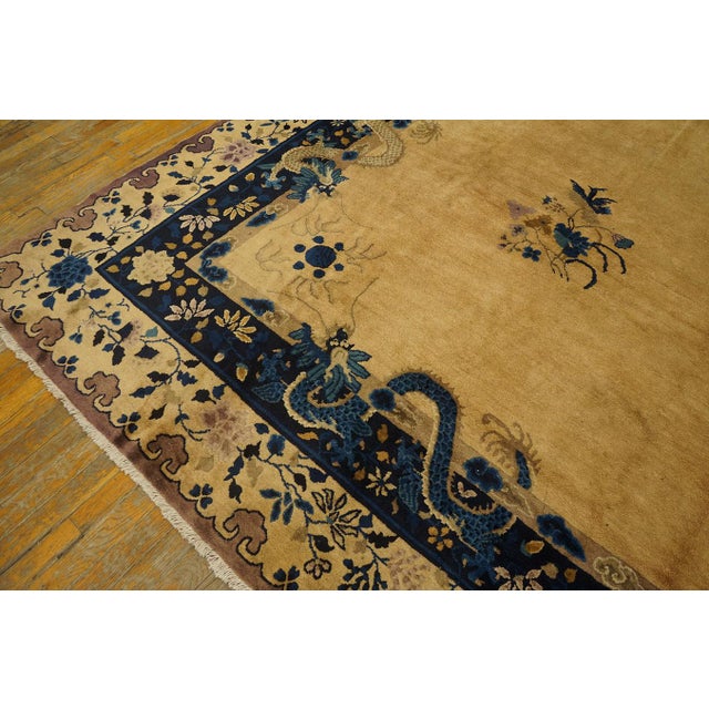 Beige 1920s Beige Open Field Antique Large Chinese Peking Dragon Floral Knotted Rug For Sale - Image 8 of 9