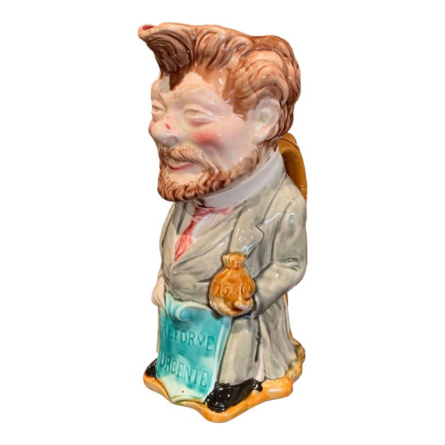 Early 20th Century French Painted Ceramic Barbotine Figure Pitcher by Onnaing For Sale