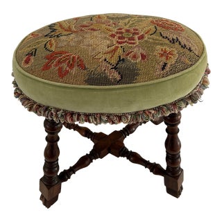 Vintage Traditional Wood Frame Needlepoint Oval Footstool For Sale