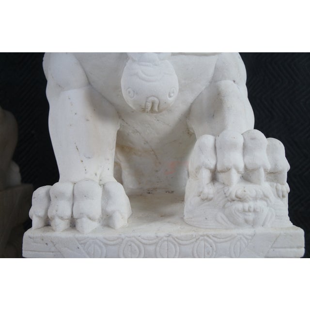 Mid 20th Century Pair of Chinese Marble Foo Dog Guardian Fu Lion Temple Garden Statues 41" For Sale - Image 14 of 18