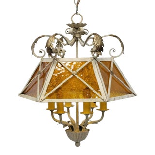 Vintage 1940's Italian Tole Chandelier Amber Glass 6 Light Candelabra For Sale