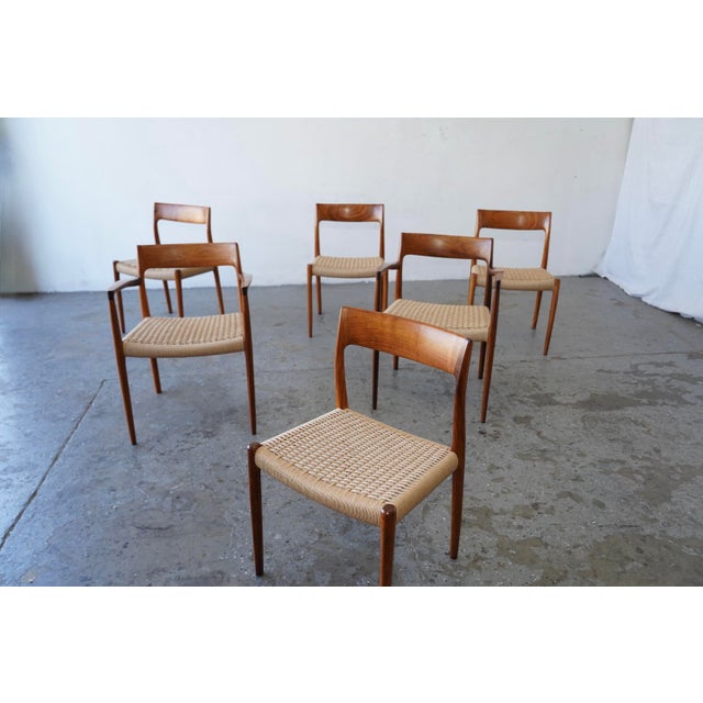 Set of 6 Danish Modern Niels Otto Møller Rosewood Papercord Dining Chairs Models 57 & 77 A matched set of six dining...