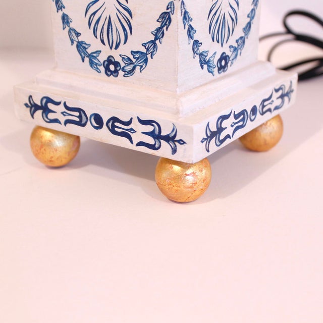 Pair of Neoclassical Painted Lamps, Cream With Blue Designs For Sale - Image 12 of 18