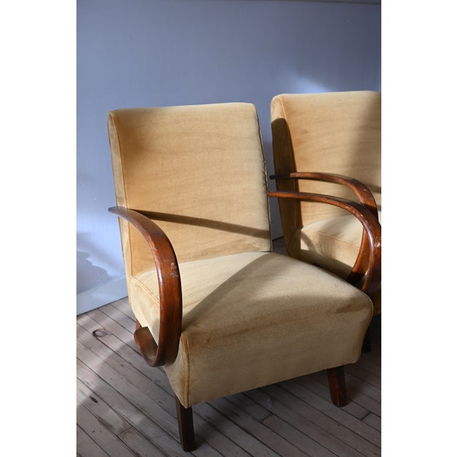 Art Deco Jindrich Halabala Chairs in Yellow Mohair For Sale - Image 3 of 11