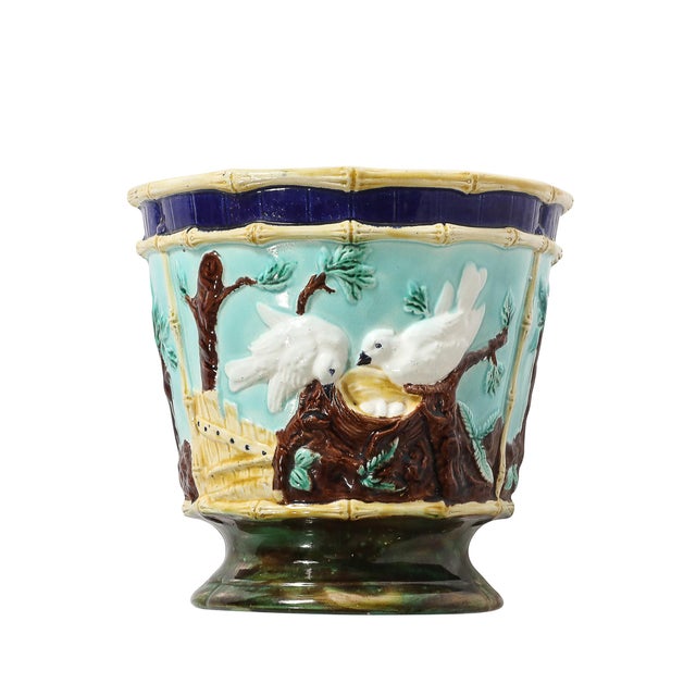 Pair of Signed Majolica Ceramic Cachepots W/ Birds, Nests & Bamboo Border Detail For Sale - Image 13 of 18