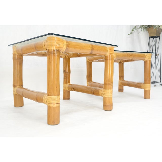 Ficks Reed Pair Thick Bamboo Glass Top Rectangle Glass Top End Side Lamp Tables MINT For Sale - Image 4 of 18