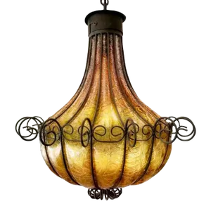 1960s Mediterranean Wrought Iron Caged Blown Amber Glass Chandelier, Murano Art Glass