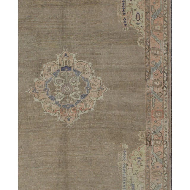 Vintage Turkish Oushak Rug With Taupe, Coral, Blue and Soft Green Tones For Sale - Image 4 of 9