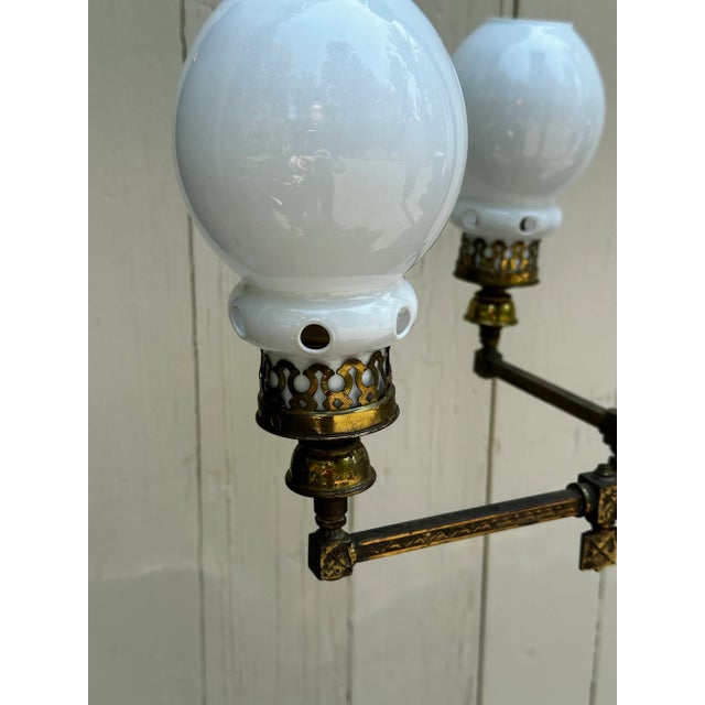 1900 - 1909 Vintage Four Arm Brass Gas Fixture With Vintage Shades For Sale - Image 5 of 12