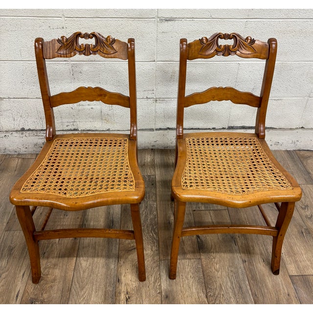 Traditional Antique Carved Walnut Ladderback Cane Seat Carved Dining Chairs - Pair For Sale - Image 3 of 11