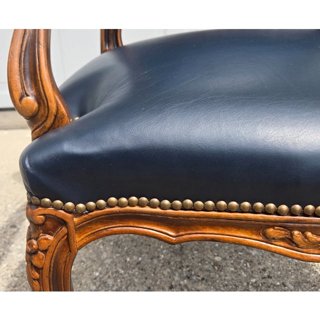 Chateau d'Ax French Bergere Fauteuil Blue Leather Arm Chair For Sale - Image 12 of 18