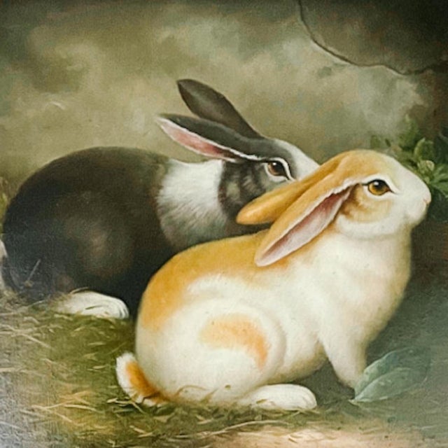 Late 20th C. Oil on Canvas Painting of Dutch Bunny Rabbits by H. Hagel