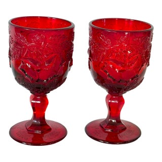 1970s Madonna Inn Ruby Red Glasses, Leaf Pattern Goblet, Fenton / Wright Set of 2 For Sale