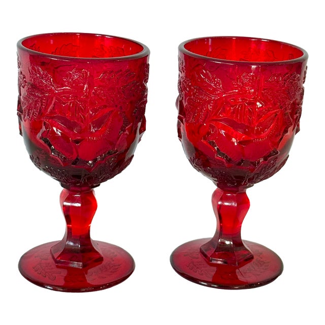 1970s Madonna Inn Ruby Red Glasses, Leaf Pattern Goblet, Fenton / Wright Set of 2 For Sale
