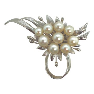 Vintage Sterling Silver Akoya Cultured Pearl Cluster Brooch For Sale