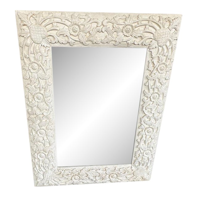 Andrianna Shamaris Hand Carved White Wood Framed Mirror For Sale