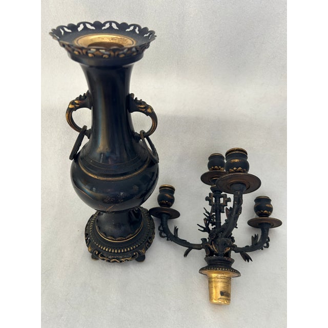 Metal Antique Ornate Chinese Bronze Four Armed Candelabra For Sale - Image 7 of 11