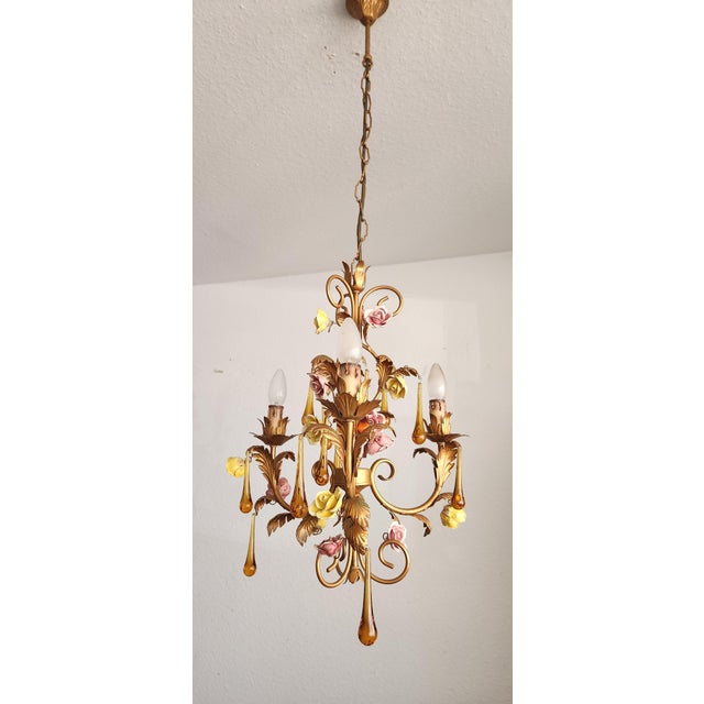 Vintage Venetian Three-Light Chandelier with Murano Glass Drops, 1960s For Sale - Image 17 of 18
