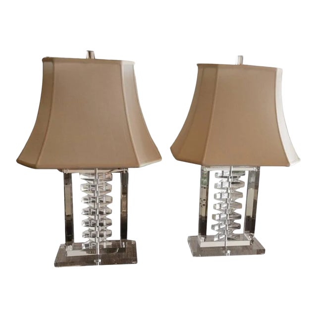Karl Springer Style Hollywood Regency Lucite Stacked Table Lamps - A Pair For Sale - Image 12 of 12