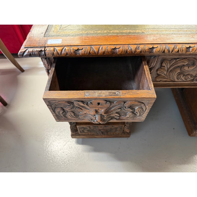 Brown Antique Carved Oak Desk with Lion Handles, 1890s For Sale - Image 8 of 13
